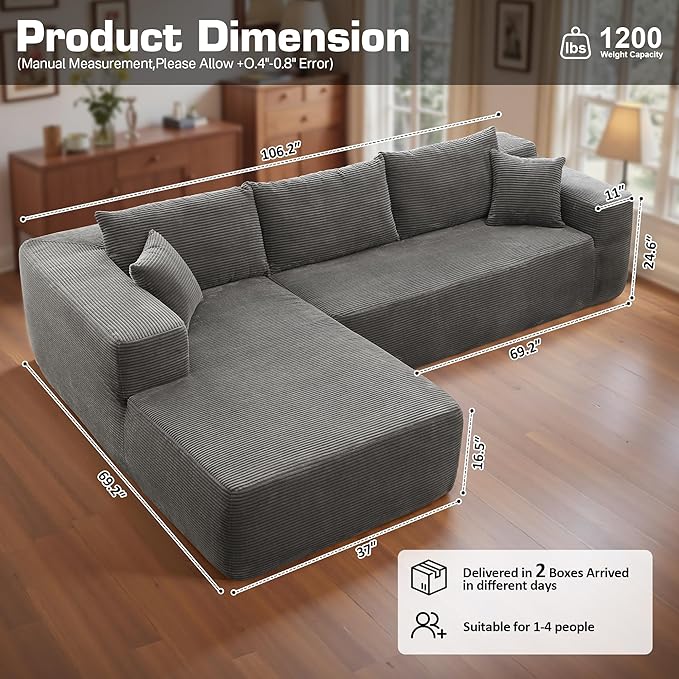 106 Cloud Sectional Couch with Chaise LoungeL Shaped Modular Modern SofaComfy Corduroy Fluffy Couches with Deep SeatNo Assembly Required Couch for Living Room(LeftStripe CorduroyGray)