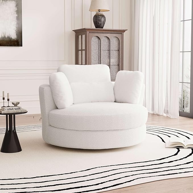Aoiy &amp Wifon 50.2'' W Oversized Swivel Barrel Chair Ivory Swivel Accent Chair for Living Room Round Oversized Arm Chair with 4 Pillows Deep Seat &amp Extra Wide Sherpa