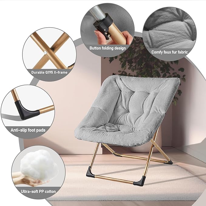 Comfy Oversized Saucer Chair Soft Faux Fur Reading Lounge Chair for Adults Stable X-Large Metal Frame and Non-Slip Pad Foldable Cozy Chairs for Bedroom Living Room Dorm Light Gray