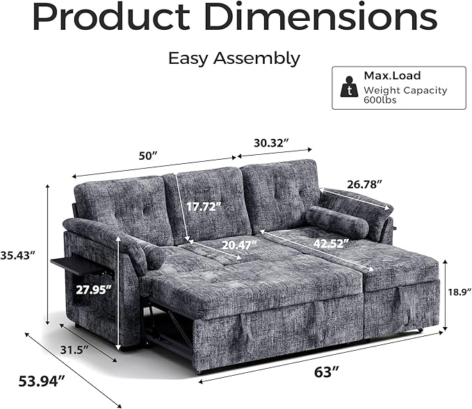 Convertible Queen Sofa Bed 63 Inch Chenille Pull Out Couch with Side Table 3 Seat Pull Out Sofa Bed with Level Adjustable Backrest Comfy Sleeper Sofas for Living Room Apartment Gray