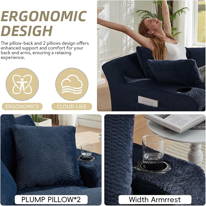 Oversized Chaise Lounge Chair - Upholstered Couch Cloud Boneless CouchDeep Seat Sleeper Sofa with Cup Holders and Side PocketsComfy Reading Chair for Living Room (Dark Blue)
