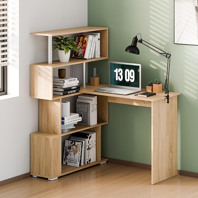 L Shaped Computer Desk Corner Desk 360 Degree Rotatable Space Saving Table with Spacious Storage for Home Office Workstation Study 157 x 45 x 130.5 cm Oak