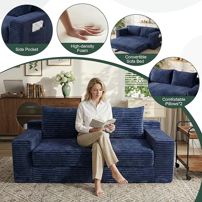 73 Convertible Sofa Bed 2 in 1 Folding Couch Bed Boneless Couch in a Box Cloud Loveseat Sleeper Fold Out Comfy Floor Futon Sofa with 2 Pillows for Living Room Bedroom No Assembly (Blue 73)