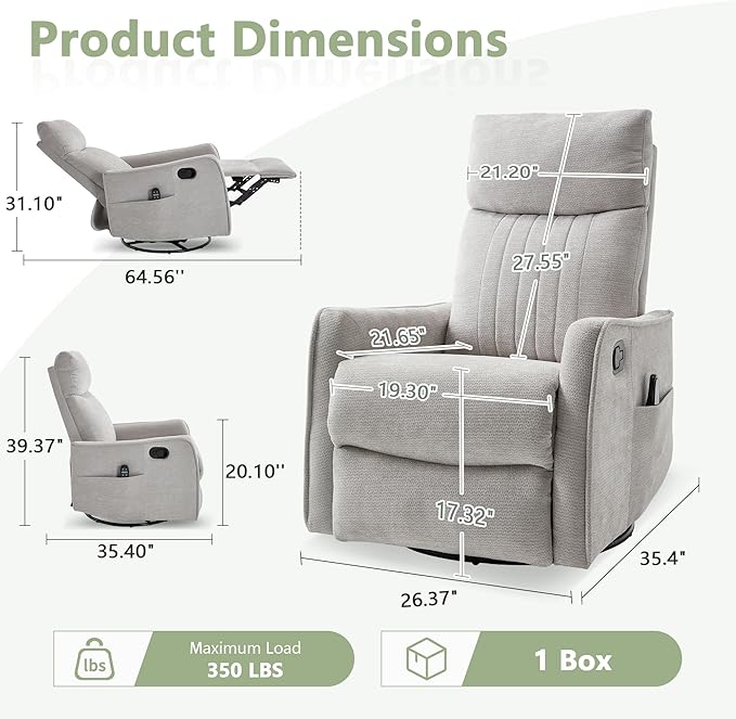 cinkehome Heated Massage Swivel Rocker Recliner Chair Nursery - Small Space Reclining Chair with Lumbar Support 360° Swivel &amp Gentle Rocking Ergonomic High Back Chenille Fabric Beige