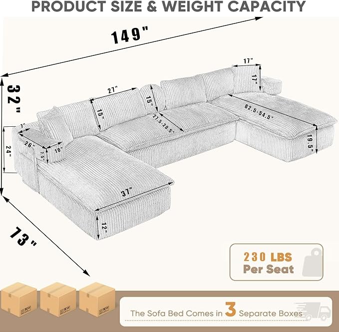 149 Oversized Boneless Couch U Shaped Sectional Couch for Living Room Furniture Cloud Corduroy Sofa Bed with Double Chaise Side Storage and Lumbar Pillow No Assembly