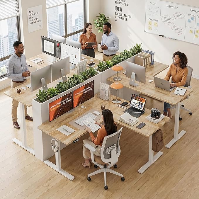Grandder 63 x 55 Inch L Shaped Standing Desk Electric Height Adjustable Corner Stand Up Desk Sit Stand Corner Table Home Office Table Oak Top White Frame