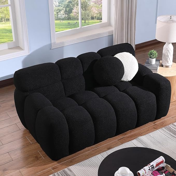 Boucle Sofa for Living Room Cloud Couch with Solid Eucalyptus Frame &amp Cloud Pillow Mid Century Modern Couch for Office Living Room Coffee Room (Black 65-Loveseat)