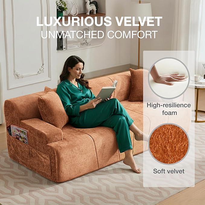 82.7 Modern Velvet Boneless Couch Ultra Comfy 3-Seater Sofa for Living Room Bedroom Home Office No Assembly Required (Orange)