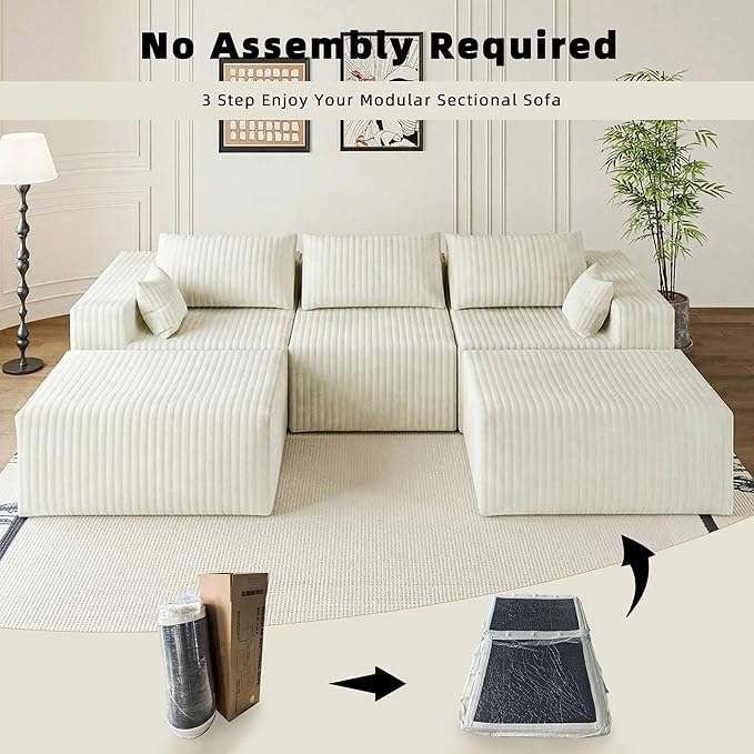 110 Boneless Couches for Living Room Cloud Couch Modular Sectional Sofa with Deep Seat Plush Large Foam SofaU-Shape Sofa CouchNo Assembly Required White (Plush Corduroy Fabric)