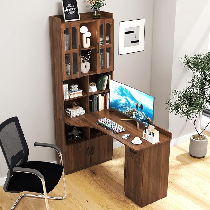 KEIKI Home Office Desks with Hutch Drawers Bookshelf Storage Cabinet &amp Glass Doors Modern Wooden Computer Corner Table for Work Study Writing
