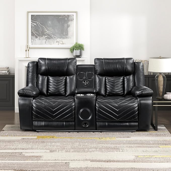 Lexicon Wall Hugger Power Double Reclining Loveseat with Console Faux Leather Home Theater Seating with LED Lighting Charging Ports Bluetooth Speaker Wireless Cup Holders Hidden Storage Black