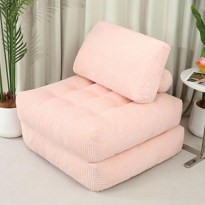Blue Folding Sofa Bed - Convertible Sleeper Chair with Pillow &amp Back Support Comfy Foldable Mattress Portable Futon Fold Out Chair Bed for Living Room/Bedroom/Apartment (Pink)