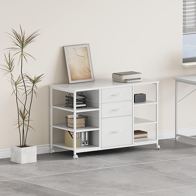 Mobile File CabinetLateral Filing Cabinet with 3 Fabric DrawersRolling Printer Stand with 4 Open Storage Shelf for Home Office White