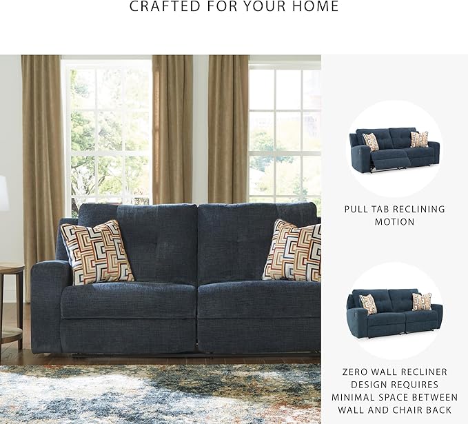 Signature Design by Ashley Danum Modern Manual Pull Tab Reclining Sofa with Tufed Back Cushion Blue