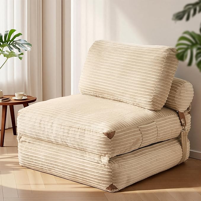 Folding Sofa Bed Convertible Sleeper Chair with Pillow Back Support Foldable Corduroy Futon Floor Couch Comfy Fold Out Chair Bed for Living Room Bedroom Dorm Beige