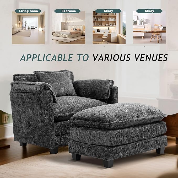 KEIKI Boucle Oversized Reading Chair with Storage &amp Ottoman 40 W Modern Accent Chair W/Double Deep Cushion Seating Comfy Upholstered Single Sofa Lounge Armchair for Living Room Bedroom Drak G