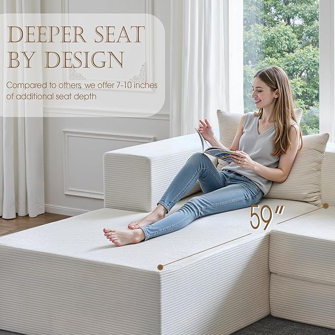 YINIX 106 Modular Sectional Sofa Modern Cloud Couch with L-Shape Chaise Upholstered Boneless Couches with Deep Seat Comfy Corduroy Sofa for Living Room Bedroom No Assembly (Beige)