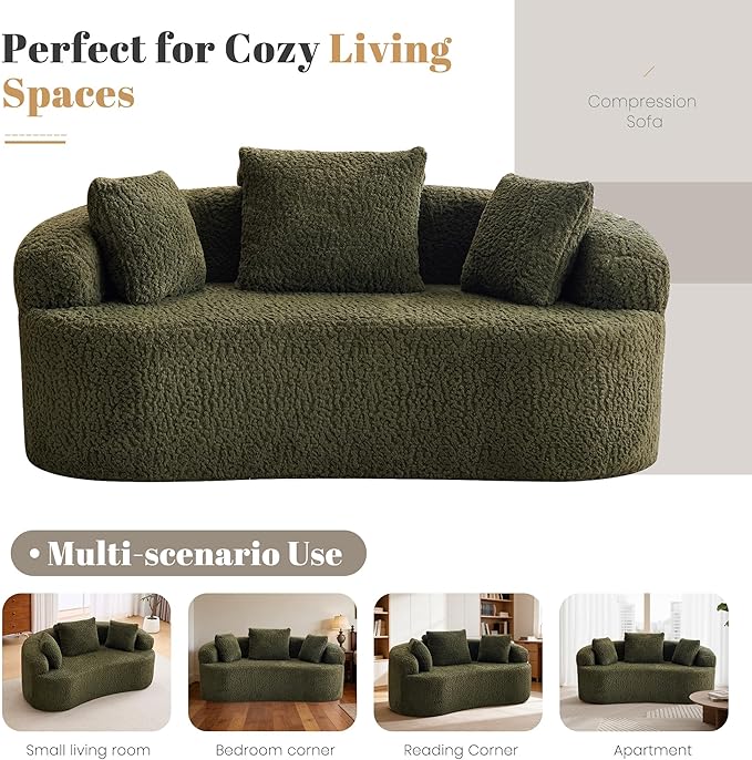 Premium Curved Loveseat Sofa Full-Compression 2-Seat Couch with Enhanced Back Support Modern Fabric Loveseat with Pillows Compact Luxury Sofa for Living Room or Apartment (Green)
