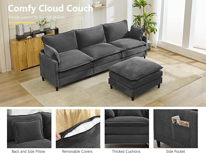 DRMBOOK 110.6'' L Shaped Modular Sectional Cloud Couch Cozy Upholstered 3 Seater Sofa Modern Deep Seat Modular Sofa Couches with Ottoman for Living Room (Corduroy Grey 3 Seat+1 Ottoman)