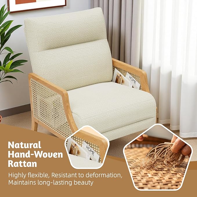 Rattan Accent Chair Set of 2 Mid Century Modern Armchair with Back Cushions and Ash Wood Legs Arm Chair for Living Room Beige