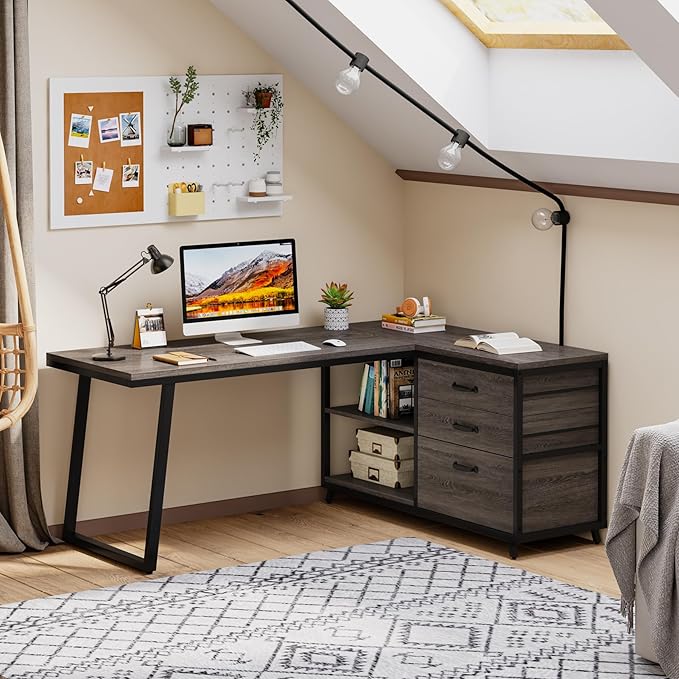 Tribesigns L-Shaped Desk with 3 Drawers Reversible Corner Home Office Computer Desk with Shelves 53-Inch Industrial PC Desk Study Writing Table Workstation for Small Space Grey