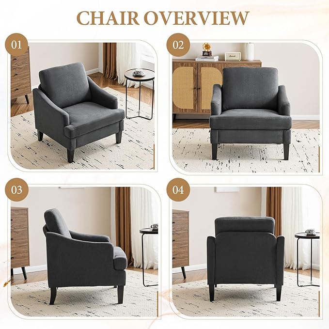 Bezseller Modern Accent Chair Upholstered Reading Armchair with Wood Legs Mid-Century Leisure Comfy Single Sofa Chair for Living Room Bedroom Home Office Dark Grey