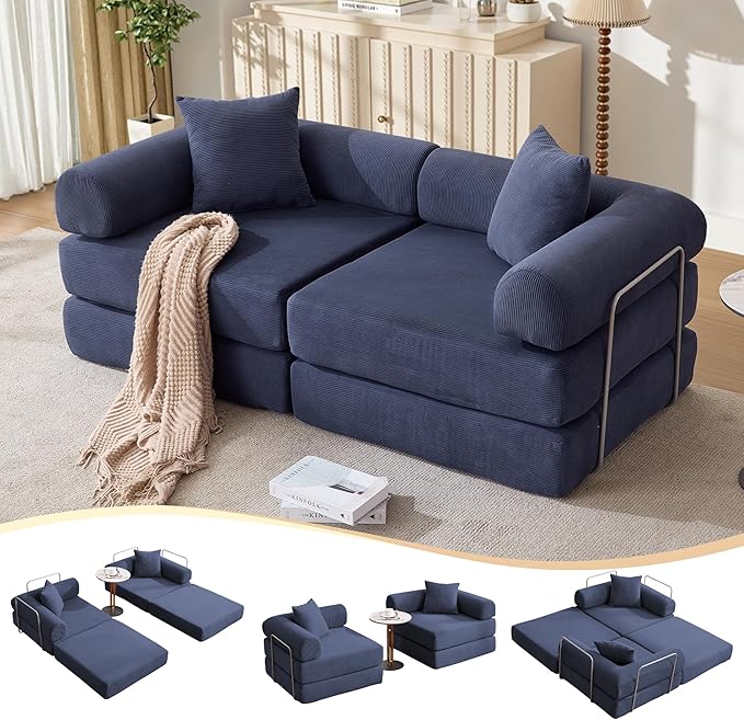 73 Convertible Sleeper Sofa Bed Corduroy Boneless Couch in a Box 4-in-1 Folding Mattress Loveseat Couch Comfy Modular Foldable Floor Sleeper Sofa with 2 Pillows and Fixed-Shape Frame (Blue 73)