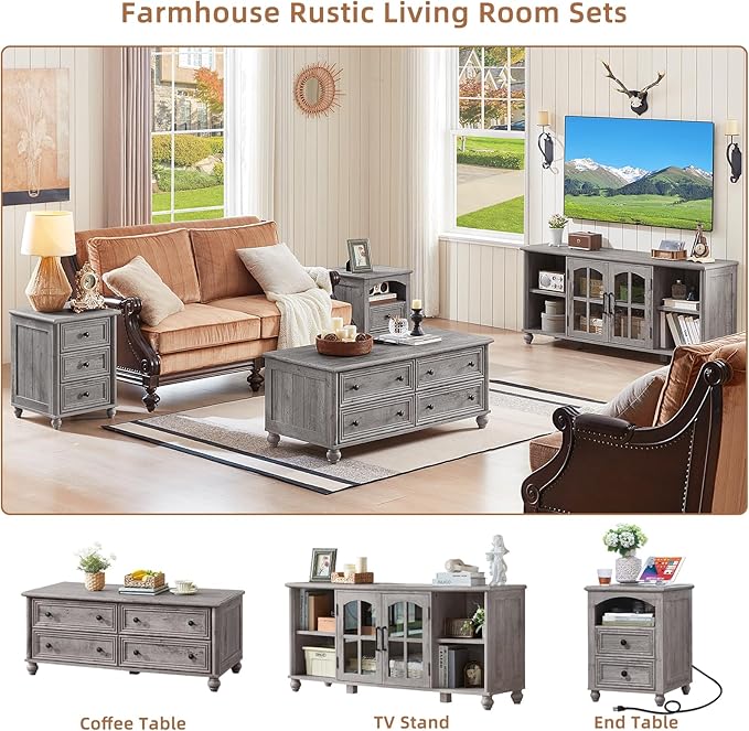 Farmhouse TV Stand for 60 Inch TV Wood Entertainment Center with Adjustable Shelves &amp Glass Door Storage CabinetTelevision Stands for 65 TVSTV Console Table for Living RoomBedroomGrey