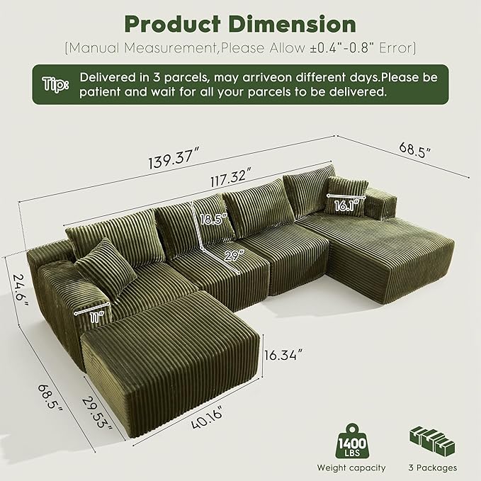 Ihanherry 139.37 Cloud Modular Sectional Couch Sofa with U-Shape Chaise and Big Ottoman with Deep Seat Upholstered Couches for Living RoomNo Assembly Required Plush Corduroy Fabric (Green)