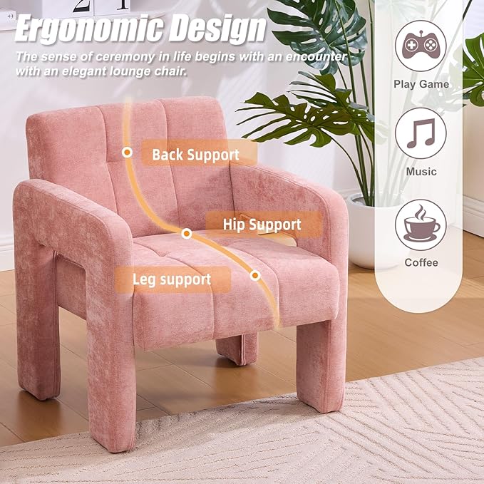 Modern Accent Chair Set of 1 Chenille Fabric Upholstered Reading Armchair Mid-Century Leisure Comfy Single Sofa Chair for Living Room Bedroom Home Office (Pink Set of 1)