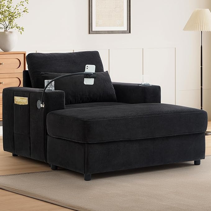 42.5 Oversized Armchair with Ottoman Storage Overstuffed Chair and a Half with Cup Holders &amp USB Port Chenille Accent Chairs for Bedroom Living Room Reading Phone Holder Side Pocket (Black)