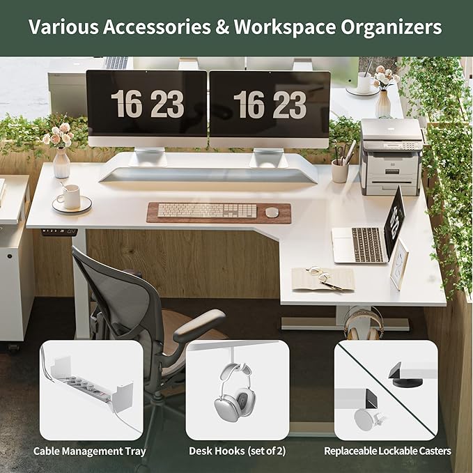 FEZIBO L Shaped Standing Desk with Triple Motors Electric Corner Desk 75 x 63 Inches Tabletop Ergonomic Computer Desk White Top