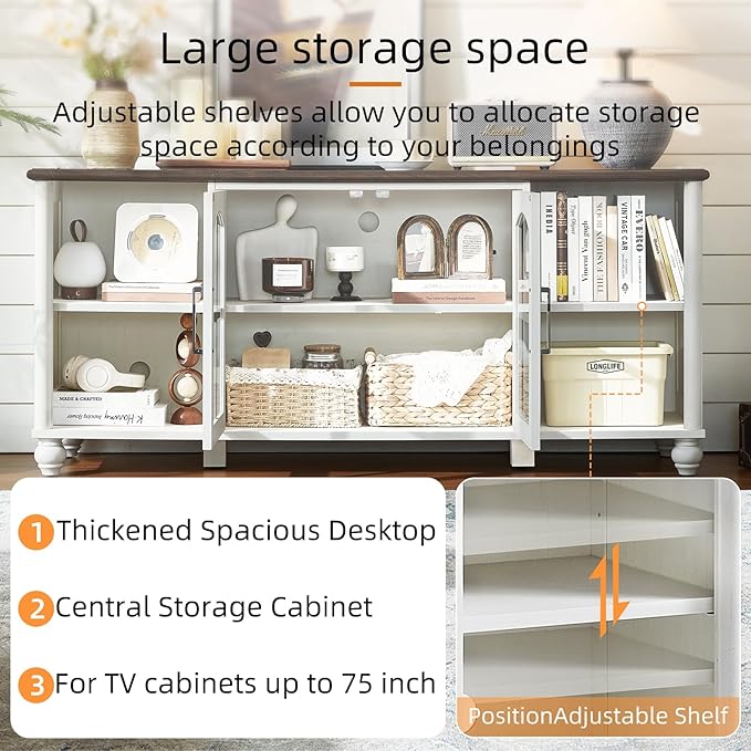 Farmhouse TV Stand for 60 Inch TV Wood Entertainment Center with Glass Door Storage Cabinet &amp Adjustable ShelvesTelevision Stands for 65 TVS TV Console Table for Living RoomBedroomWhite