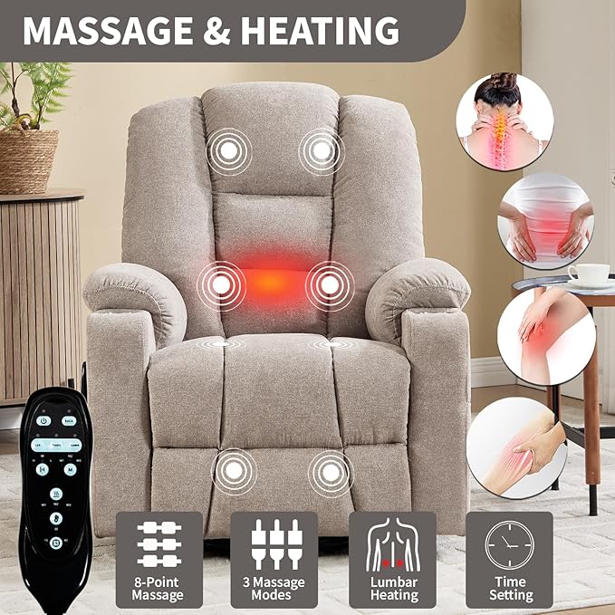 Power Lift Chair with Massage &amp Heat Electric Recliner Chairs for Adults Remote Control Sofa for Living Room Standing Assistance USB Ports Stainless Steel Cup Holders (Khaki)