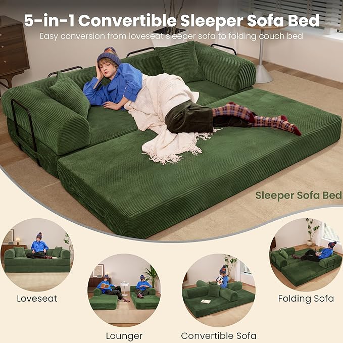 79 Convertible Sofa Bed Boneless Corduroy Sleeper Foldable Modular Couch Memory Foam Compressed Sofa in A Box Folding Mattress Floor Couch for Small Space Living Room Apartment Bedroom Green