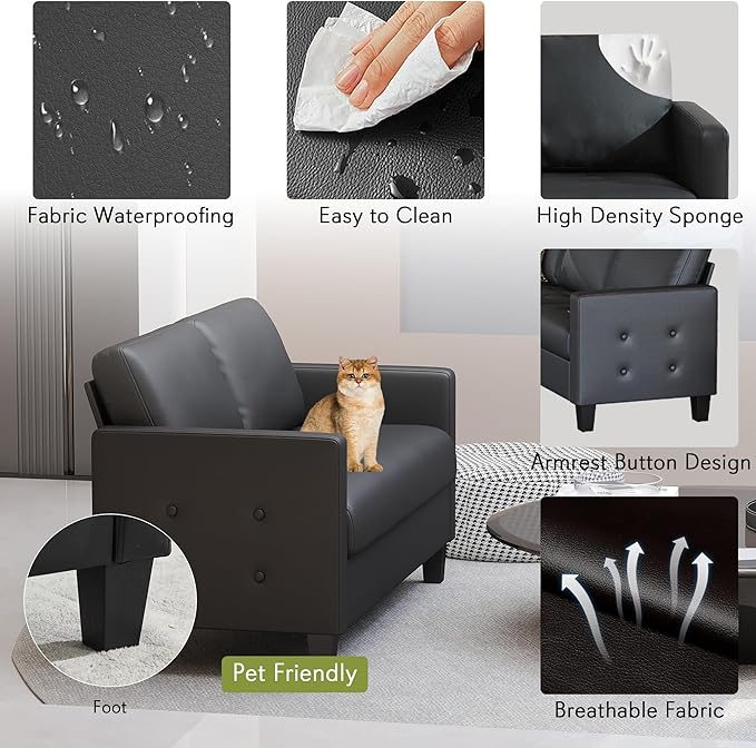 STHOUYN 59 Black Faux Leather Sofa Couch Modern Comfy Office 2 Seater Couch Loveseat with Tufted Armrest and USB Small Love Seat Couches for Living Room Apartment Bedroom