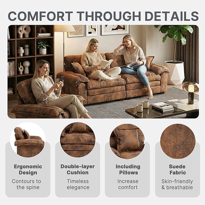 Modern 84 Loveseat &amp 360° Swivel Accent Chair Combo Set Plush Suede Fabric with Padded Seat &amp 3 Decorative Pillows for Apartment Living Room Bedroom Home Office (Brown 2-Piece Set)