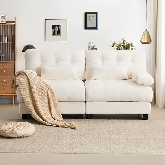 67'' Modern Chenille Love Seat Sleeper Cloud Couch BedConvertible Cozy Deep Seat Couches with Wide Armrest &amp Throw Pillows for Living RoomHomeBedroom(Ivory)