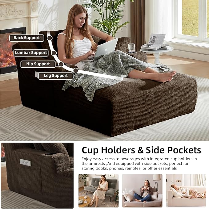 Oversized Chaise Lounge Chair - Upholstered Couch Cloud Boneless ChairDeep Seat Sleeper Sofa with Cup Holders and Side PocketsComfy Reading Chair for Living Room (Dark Brown)