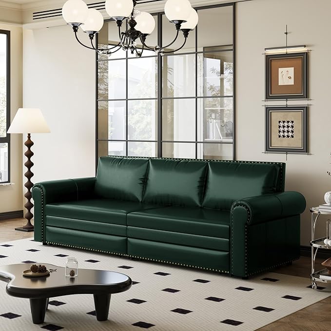 93.7 Faux Leather Convertible Sleeper Sofa 3 in 1 King Size Pull Out Sofa Bed Oversized Loveseat Couch for Living Room Bedroom Lake Green
