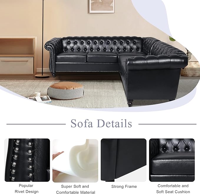 ORRD L Shaped Small Sectional Sofa Chesterfield Leather Couch Tufted Accent Sofa with Scroll Arms and Nailhead for Living Room Office