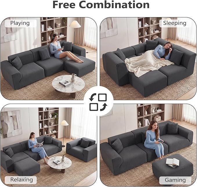 114 Oversized Boneless Couch with Moveable Ottoman Cloud Sectional Couches with Deep Seat 3 seat Modular Sofa Memory Foam Couch with Throw Pillow No Assembly Required Grey