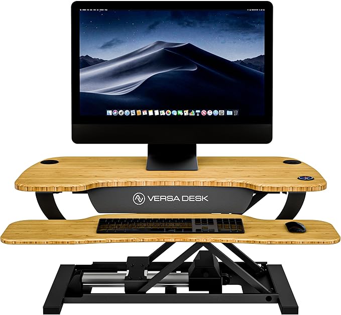 VERSADESK® PowerPro™ 36” x 24” Standing Desk Converter | 36 Inch Electric Height Adjustable Sit to Stand Desk Riser w/Keyboard Tray &amp USB Hub - Ergonomic Workstation for Home &amp Office Bamboo