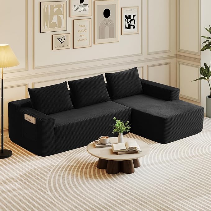 Rovibek 97 Black Boneless Couch Modular Sectional Sofa with Chaise Compressed Corduroy Couch with Deep Seat No Assembly Required