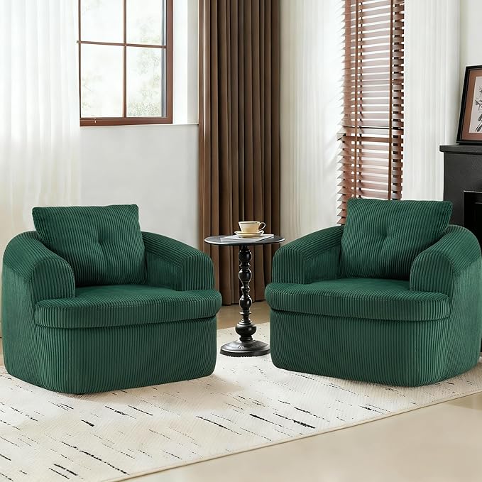 36.6 Swivel Accent Chair 360 Degree Oversized Swivel Barrel Chair for Living Room Modern Corduroy Upholstered Accent Armchair Comfy Boneless Sofa Chair for Bedroom Green