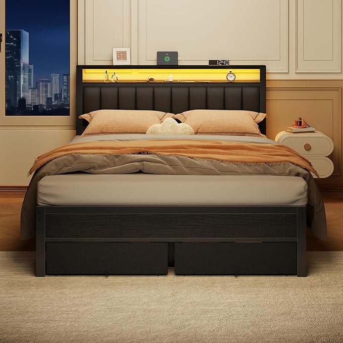 Furnulem Queen Bed Frame with Charging Station and LED Lights Grey Upholstered Headboard with Shelves Metal Platform Bed with 2 Under-Bed Storage (Fabric Drawer on Wheels) No Box Spring Needed