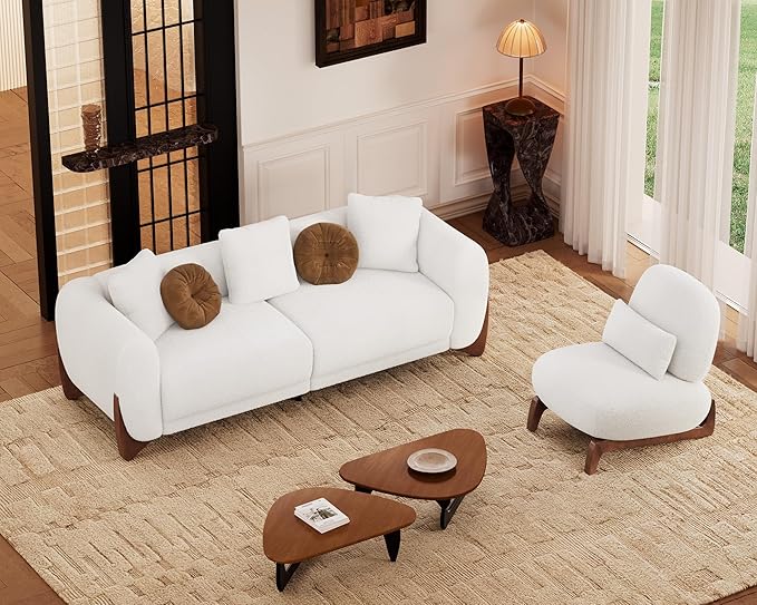 Morden Fort 2 Piece Cloud Couch Set Modern Sherpa Boucle Sofa Set with Wood Legs Skin-Friendly Minimalist Upholstered Comfy Couch Sofas for Living Room 3-Seater Sofa &amp Tilt Back Chair Off Whit