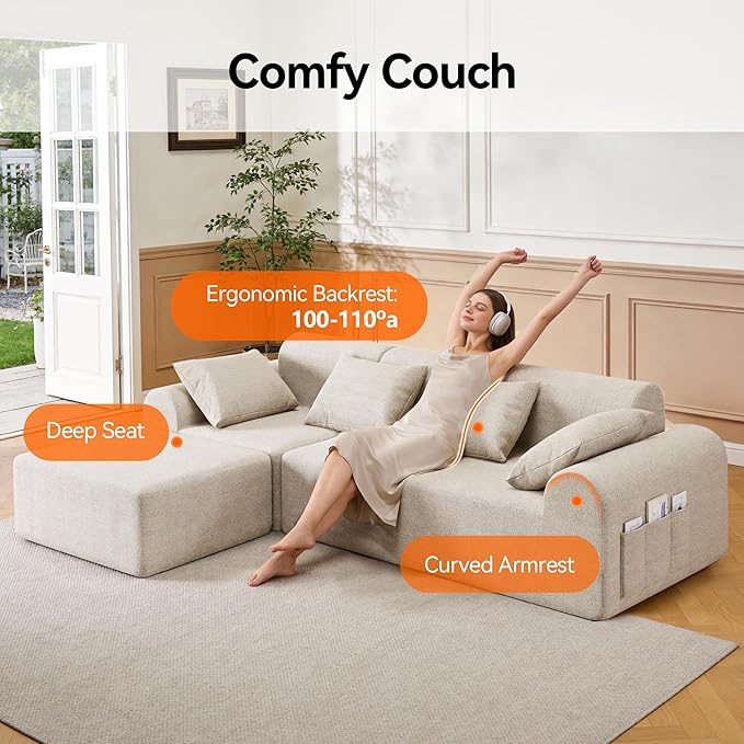 105.5 Cloud Boneless Sectional Sofa with Ottoman &amp 4 Pillows L-Shaped 4-Seater Modular Couch for Living Room Ultra Deep Seat Chenille Fabric Sofa No Assembly Required Beige