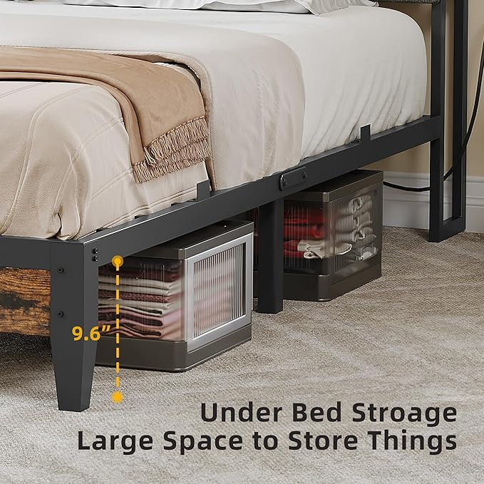 YITAHOME Full Size Beds with Charging Station 2-Tier Storage Headboard with RGB LED Lights Linen Upholstered Platform Beds Strong Wooden Slats No Box Spring Needed Noise Free Rustic Brown