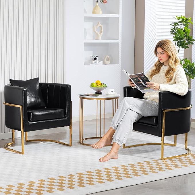Modern Leather Accent Chairs Set of 2 Mid Century Upholstered Barrel Armchair with Pillow for Living Room Comfy Single Vanity Chair with Metal Gold Legs for Bedroom Black